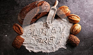 gluten free breads, glutenfree word written and bread rolls on g