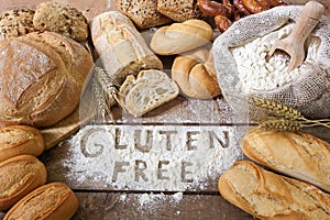 Gluten free breads on wood background