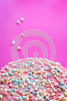 Gluten-free Cheesecake with Marshmallows for Party on Pink Background, Free Space for Text