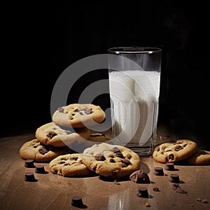 Gluten-free chocolate substitute cookies on the table and lactose-free milk in a glass. Milk and biscuits on a wooden table.