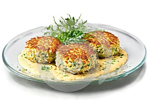 Gluten free crab cakes with remoulade sauce served on a transparent glass plate delicate photo