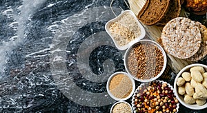 Gluten free diet concept - selection of grains and carbohydrates for people with gluten intolerance