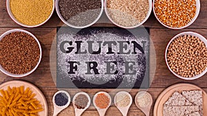 Gluten free diet options - various seeds and products, top view