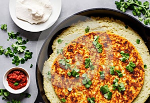 Gluten free flatbread with roasted chickpeas, cauliflower and avocado dip on a light background, top view. Healthy vegetarian food