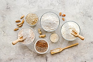 Gluten free flour for baking - nuts and grains flour in many bowls