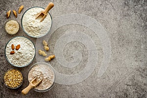 Gluten free flour in bowls. Almond peanut oat and rice buckwheat flour in bowls