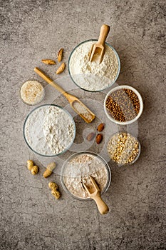 Gluten free flour in bowls. Almond peanut oat and rice buckwheat flour in bowls