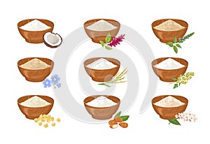 Gluten-free flour in wooden bowl. Set of different types of flour.