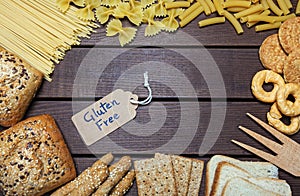 A gluten free foods on wood background