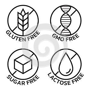 Gluten free, GMO free, sugar free, lactose free icon set. Allergy logos. Product packaging labels. Vector illustration.