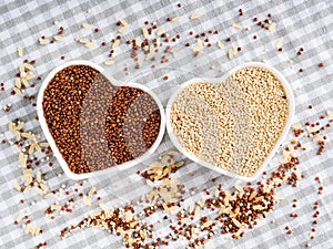 Gluten free grain quinoa in bowls on kitchen table