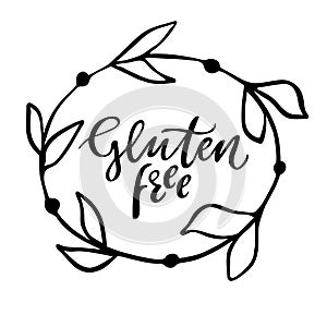 Gluten free hand drawn logo, label with floral frame. Vector illustration eps 10 for food and drink, restaurants, menu