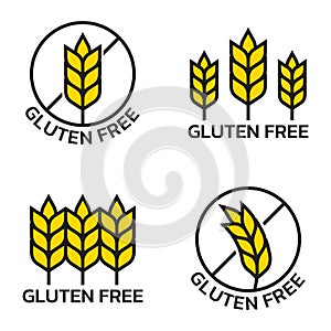 Gluten free icon set with grain or wheat symbol. Food allergy label or logo collection. Vector illustration.