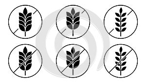 Gluten free icon set. Wheat symbol in glyph. Gluten free symbol in circle. Wheat product label. Gluten symbol in solid