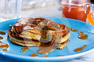 Gluten free pancakes with peach jam