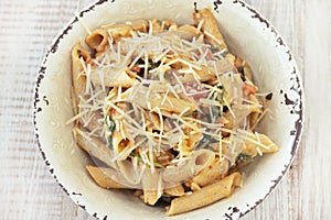Gluten Free Penne Pasta Dinner In Rustic Bowl Close Up