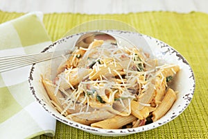 Gluten Free Penne Pasta With Parmesan Cheese In Bowl With Spoon