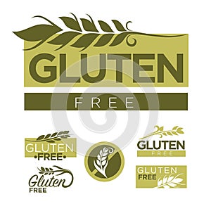 Gluten free production emblems set with wheat illustrations