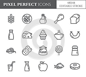 Gluten free products theme pixel perfect thin line icons. Set of elements of wheat, meat, fruits, cakes and other diet