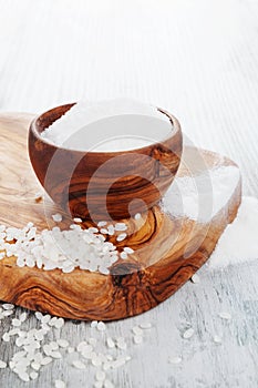 Gluten free rice flour in a wooden bowl