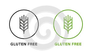 Gluten Free Sign. Allergic on Wheat Black and Green Icon Set. No Gluten in Food. Not Allergy Wheat Symbol. Nutrition