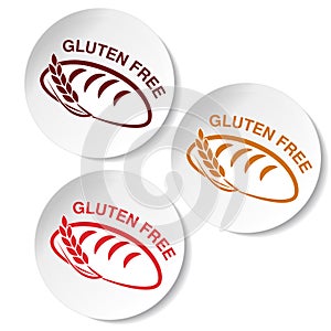 Gluten free symbols on white background. Circular stickers with silhouettes of bread with spikelet.