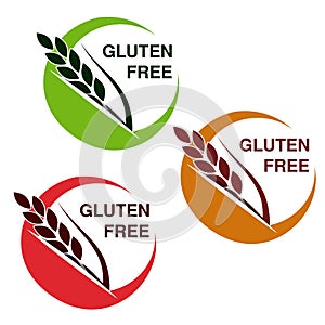 Gluten free symbols on white background. Circular stickers with spikelet.