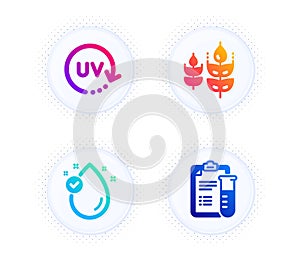 Gluten free, Vitamin e and Uv protection icons set. Medical analyzes sign. Vector