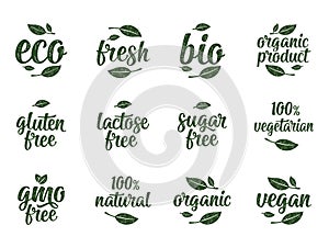 Gluten, lactose, sugar, Gmo free, bio, eco, fresh calligraphic handwriting lettering with leaf, cube, drop. Vector white vintage