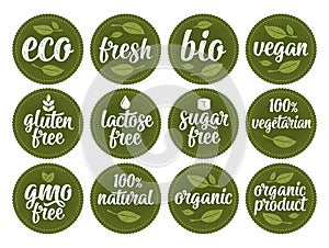 Gluten, lactose, sugar, Gmo free, bio, eco, fresh, vegan, vegetarian calligraphic lettering with leaf, cube, drop. Vector white