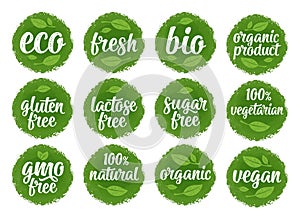 Gluten, lactose, sugar, Gmo free, bio, eco, fresh, vegan, vegetarian calligraphic lettering with leaf, cube, drop. Vector white