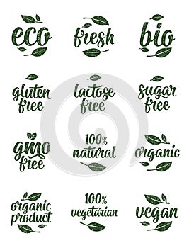 Gluten, lactose, sugar, gmo free lettering. Sign 100 organic food