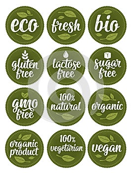 Gluten, lactose, sugar, gmo free lettering. Sign 100 organic food