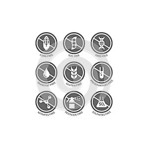 Gluten, soy, trans fat free vector label set. Corn, preservatives, gmo free black stamp icons.