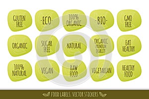 Gluten Sugar Free Organic Vegan Eco Bio Natural Vegetarian Raw vector icon. Product sticker set. Isolated sign. Illustration