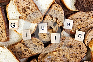 Gluten text. Sliced bread on the top of table, gluten free concept. Homemade gluten free bread for people with allergy