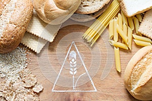 Gluten warning sign symbol with cakes, pastas and bread