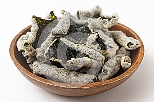 Glutinous rice fried seaweed snack on white background
