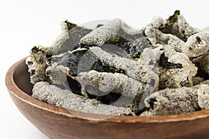 Glutinous rice fried seaweed snack on white background