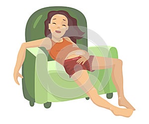 Glutton girl in a chair. Fat woman eat pizza. Vector illustration