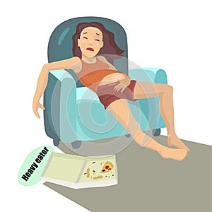 Glutton girl in a chair. Fat woman eat pizza. Vector illustration
