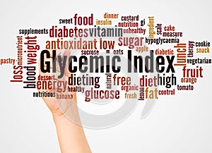 Glycemic Index word cloud and hand with marker concept