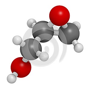 Glycidol molecule. 3D rendering. Atoms are represented as spheres with conventional color coding: hydrogen (white), carbon (grey