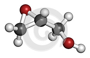 Glycidol molecule. 3D rendering. Atoms are represented as spheres with conventional color coding: hydrogen (white), carbon (grey