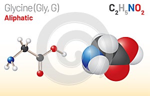 Glycine (Gly, G) amino acid molecule. (Chemical formula C2H5NO2)