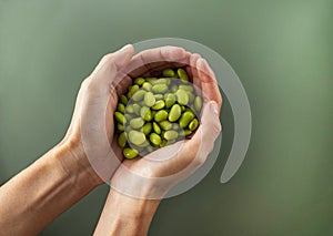 Glycine max - Fresh organic green soybeans in grower`s hands