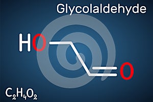 Glycolaldehyde molecule. It contains aldehyde group and hydroxyl group. Structural chemical formula on the dark blue background