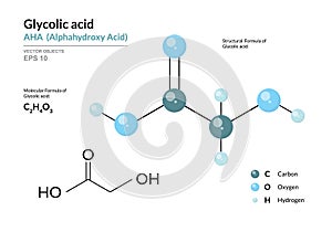 Glycolic acid. AHA Alphahydroxy acid. Structural chemical formula and molecule 3d model. Atoms with color coding. Vector