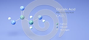 Glycolic acid, Alphahydroxy Acid, hydroacetic, hydroxyacetic. Molecular structure 3d rendering, Structural Chemical Formula and