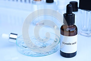 Glycolic acid in a bottle, chemical ingredient in beauty product